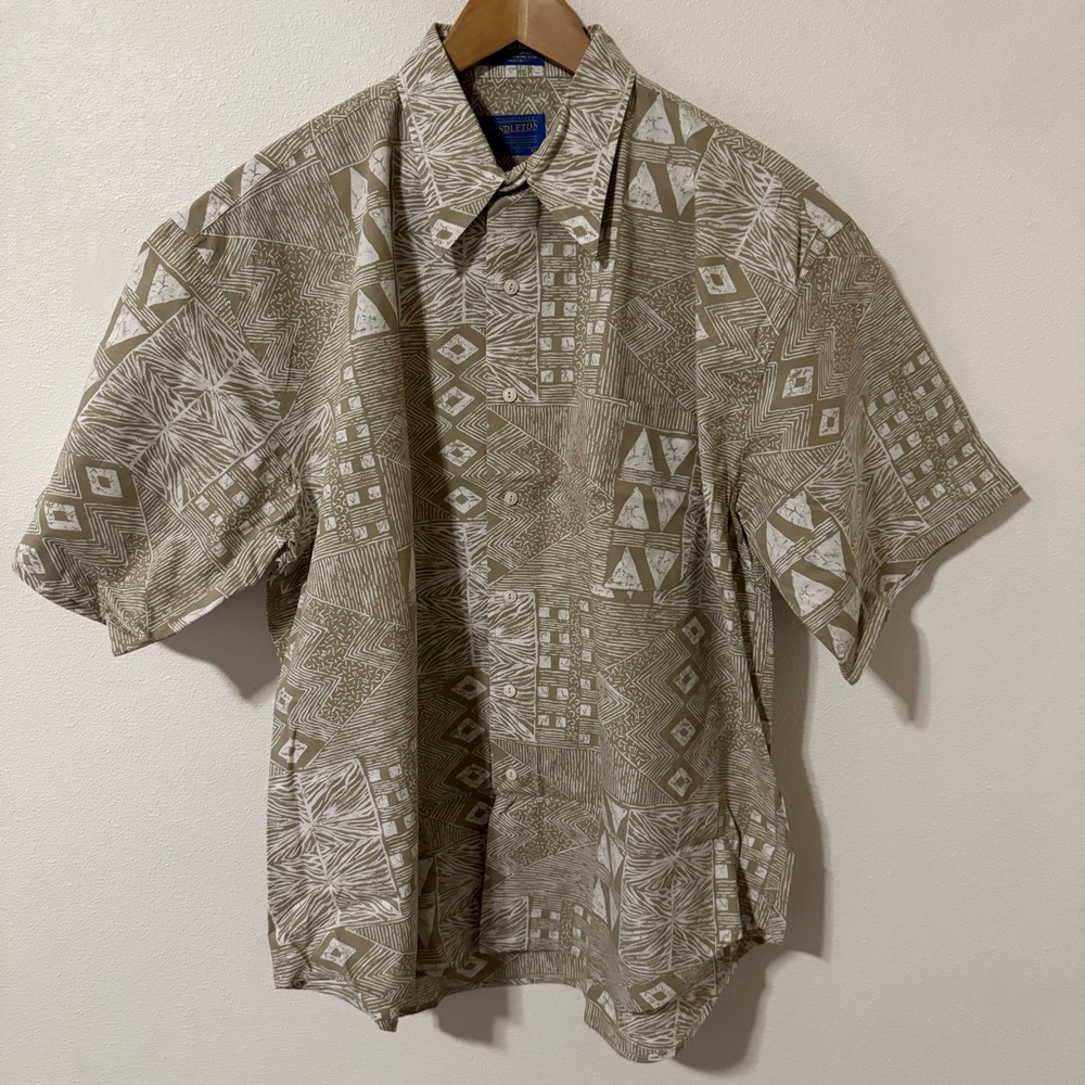 Vintage 90s Pendleton Geometric Print Camp Short Sleeve Button Up Shirt Tan-XL